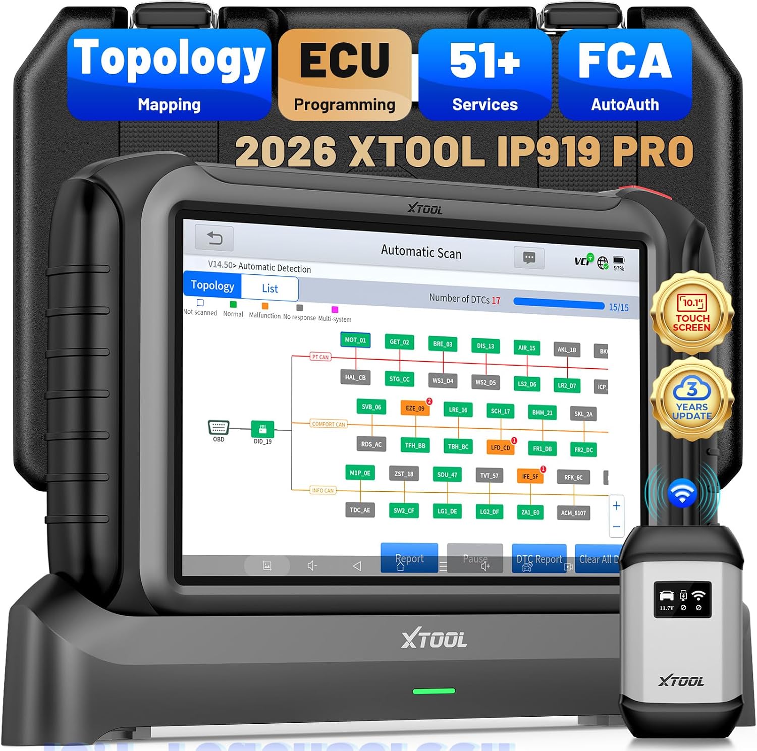 XTOOL IP919 PRO Scan Tool, ECU Pr0gramming Car OBD2 Scanner with Topology Mapping, Upgrade of D9S PRO, 51 Resets, ECU C0ding, FCACAN FDDoIP, Automotive Bidirectional Scan Tool with 3-Year Updates