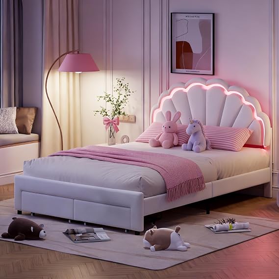 Small Double Bed Frame 120 x 190 cm with 2 Drawers, Cream Velvet Upholstered Bed with Shell LED Headboard, 4FT Storage Bed, Wooden Slats & Metal Support, Kids Teen Girls Bedroom