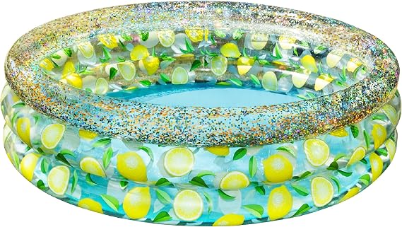 PoolCandy Lemon Inflatable Sunning Pool with Glitter 60 Round Deluxe Adult Splash Pool, 15 Deep, Backyard Patio Summer Lounge Tub