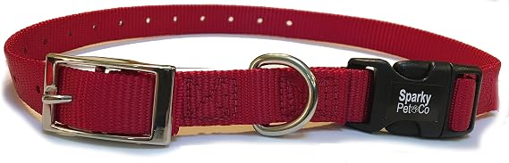 Sparky Pet Co - ECollar Replacement Strap - Easy Release Double Buckle Dog Collar - Rugged Nylon - Adjustable - D Ring - Quick Release Metal Clasp - for Invisible Fence Systems - 3/4" x 24" - Red