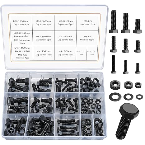 128 Pcs Flat Hex Bolt, Hex Nut & Washer Assortment Set, Durable Metric Sizes, M6 M8 M10. (128 black)