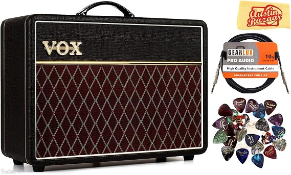 Vox AC10C1 Custom Guitar Amplifier Bundle with Instrument Cable, Headphones, Picks, and Austin Bazaar Polishing Cloth