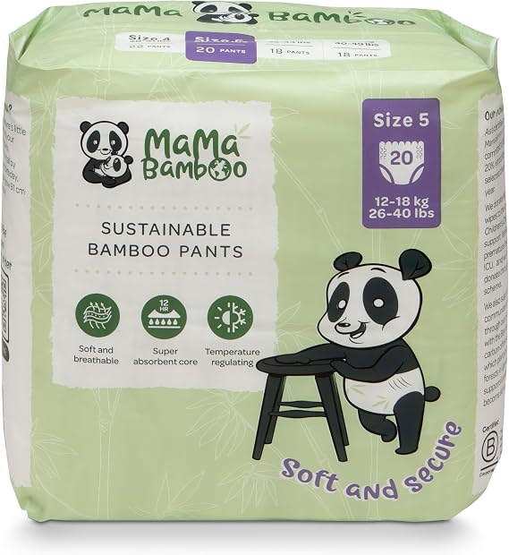 Mama Bamboo - Sustainable Bamboo Nappy Pants - Soft Breathable Bamboo Viscose - Super Absorbent Core - with Leak Free Elasticated Panels - Size 5 (12-18kg) - 20 Nappy Pants
