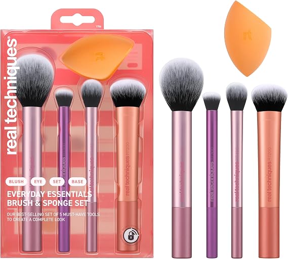 REAL TECHNIQUES Everyday Essentials makyaj fırçası, yüz için komple set (yüz süngeri, yüz, ruj, ayarlama ve delüks göz farı fırçası)