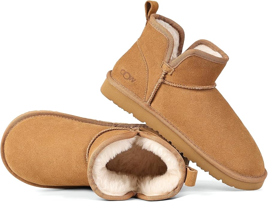 OOW Winter Boots Genuine Suede Slip On Comfortable Short Boots Autumn Warm Casual Fluffy Indoor Outdoor
