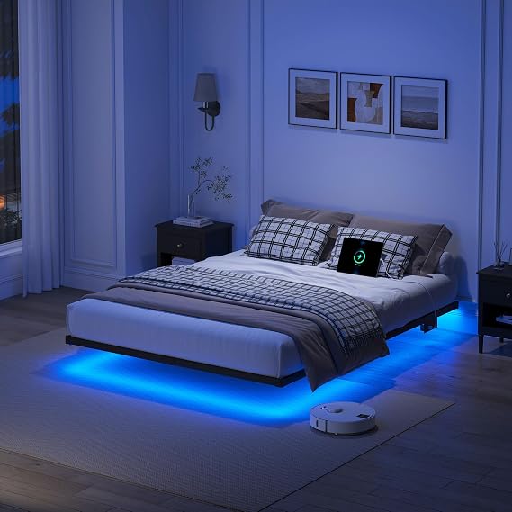 YORMDMO Floating Bed Frame, King Size, Heavy Duty Bed Frame with Smart LED Light & Charging Station, Modern Metal Platform Bed, Easy to Assemble, No Box Spring Required, 8"