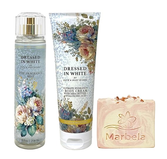 Bath & Body Works Dressed In White Duo Gift Set - Fragrance Mist and Body Cream - with a Himalayan Salts Springs Bar Soap - Full Size