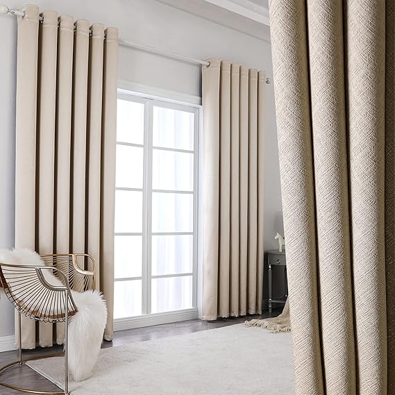 Fully Blackout Eyelet Curtains - 90 inch Drop Beige, Thermal Insulated & Noise Reducing, Extra Long Lined Room Darkening Curtains for Living Room, 90 x 90 inch 2 Panels