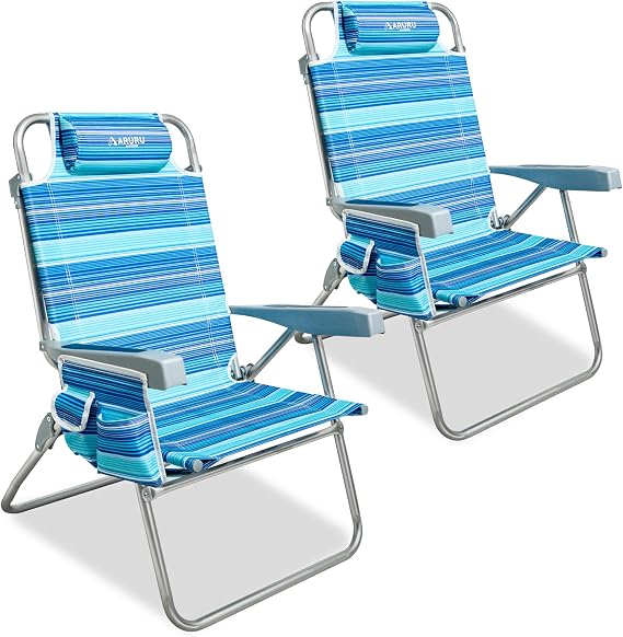 Backpack Beach Chairs for Adults Set of 2, Low Reclining Beach Chair, Portable Camping Chair Lightweight with Headrest, 5-Position Flat Adjustable Lounger, Cooler Bag, Drink Holder