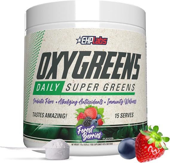 EHP Labs OxyGreens Super Greens Powder with Spirulina & Chlorella, Prebiotic Fiber, Probiotics & Digestive Enzymes Antioxidant Green Superfood Supplement - 15 Servings (Forest Berries)