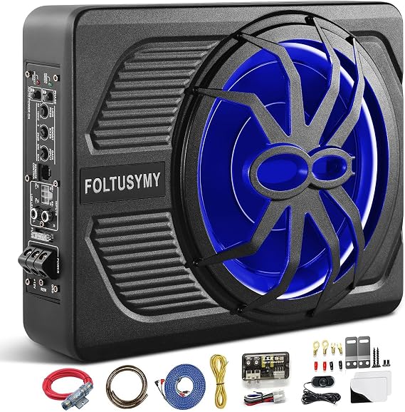 FOLTUSYMY 10" 800W Powered Car Subwoofer, 2025 Slim Under Seat Car Subwoofer Powered, High/Low Level Input, Truck Audio Sub Built in Amplifier with Blue LED Ambient Light