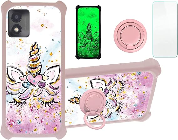 jioeuinly Case for Qilive Smartphone Q2-22 5.5 Pouces Phone Case Cover [with Tempered Glass Screen Protector][Hard PC + Soft Silicone][Ring Support] [Gold Glitter+Luminous] JSF-JJS