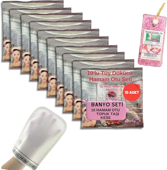 10 Paket Hamam Otu Toz Tüy Dökücü + Hamam Kesesi + Topuk Taşı Banyo Seti