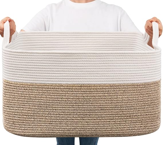 Goodpick Large Woven Rope Blanket Basket, Rectangle, White & Light Brown