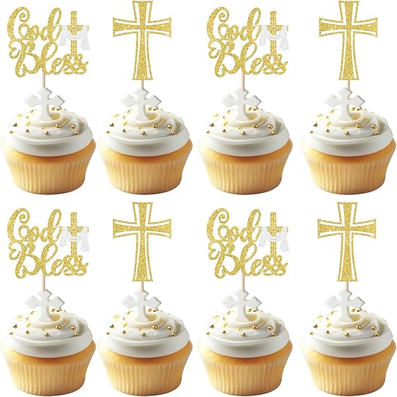 30 Pack Cross Cupcake Toppers Glitter Christianity God Bless Cupcake Picks for Religious Baptism Theme First Holy Communion Party Cake Decorations Supplies Gold