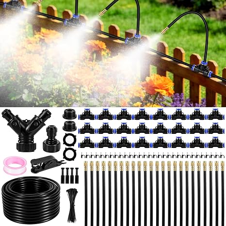 Drip Irrigation System for Garden, 100 Ft Quick-Connect Garden Irrigation System Kit with 24 360°Adjustable Copper Nozzles Hose, Automatic Garden Watering System for Plant Yard Lawn Greenhouse