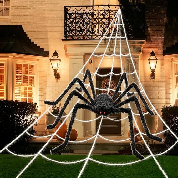200" Halloween Spider Web + 59" Giant Spider Decorations, Triangular Huge Spiders Web and Hairy Scary Fake Spider, for Indoor Outdoor Porch Yard, Scary Haunted House Party, and Halloween Décor
