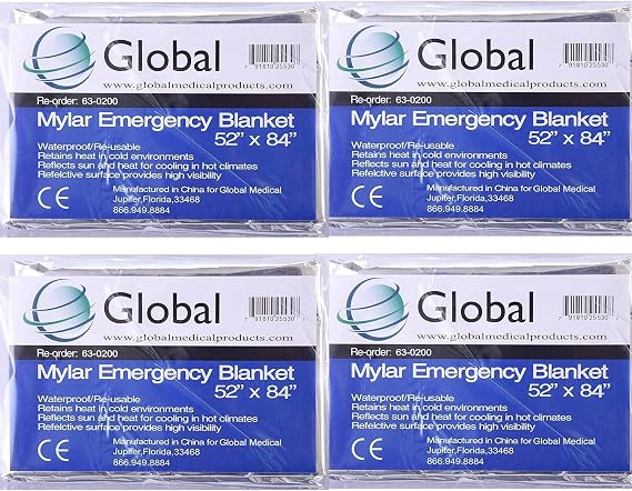 Mylar Survival Blankets - 4 Pack - Fire Blanket for Safety, Thermal Covers for Trekking, Marathons, Emergency Kits - Weatherproof, Reflective & Windproof