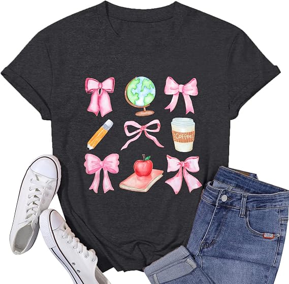 Teacher Shirts Womens Bow Teacher Graphic Tees Cute Teacher Appreciation Gifts Shirt Summer Casual Short Sleeve Tops