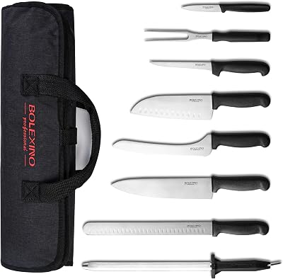 9 Piece Professional Chef Knife Set, Incl. Portable Roll-Up Bag and 12 Sharpening Steel, Commerical-Grade Knife For Home & Outdoor BBQ, Japanese High Carbon Stainless Steel
