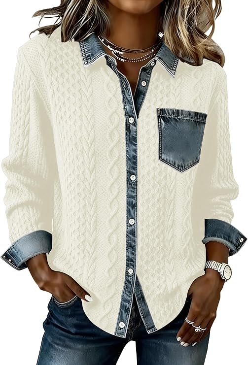 SAUKOLE Jean Patchwork Jacket 2026 Fall Denim Cable Knit Shacket