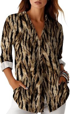 Womens Dressy Casual Blouse Animal Print Fashion Button Down Shirts Collared Retro Long Sleeve Loose Fit Fall Tops