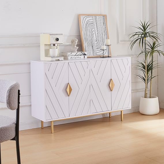 Sideboard Buffet Cabinets with Storage, 47.2" Modern Storage Cabinets with Relief Doors, Accent Cabinets with Adjustable Shelves, Wood Console Cabinet for Dining Living Room, Entryway, White