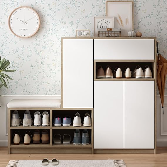2-in-1 Shoe Storage Bench & Shoe Cabinets, Multi-Functional Shoe Rack with Padded Seat, Versatile Shoe Storage Solution with Adjustable Shelves for Hallway (White)