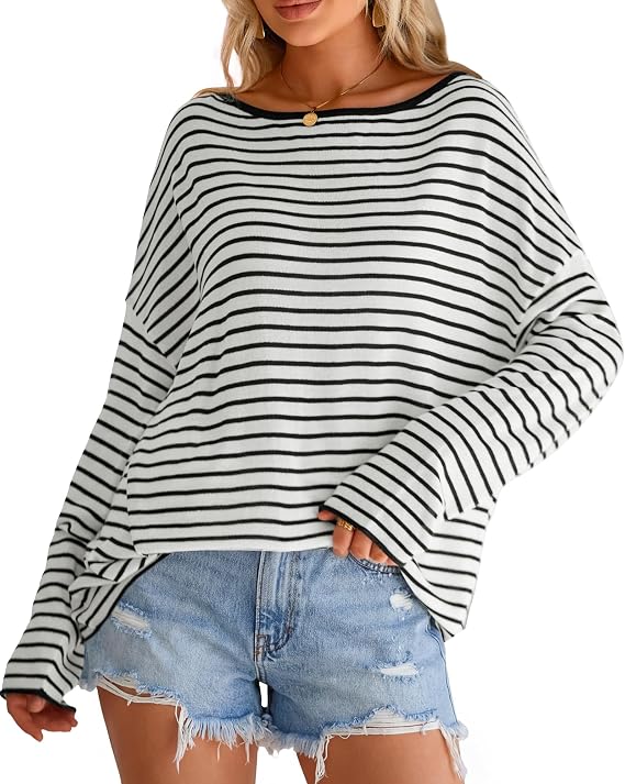 Arach&Cloz Women's Oversized Linen Blend Off Shoulder Summer Sweater