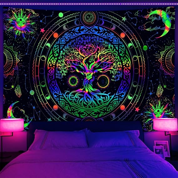 Blacklight Tapestry for bedroom, Trippy Hippie Tree of Life Black Light Tapestry, UV Reactive Sun and Moon tapestry Wall Hangings, Glow in Dark Galaxy Tapestry Posters for Teens Wall Decor,40X30IN