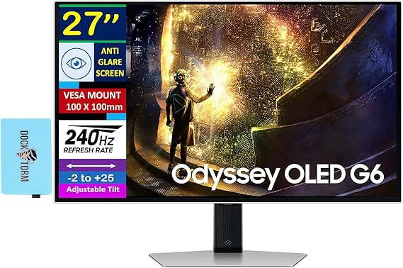 Samsung 27" Odyssey OLED G6 QHD 240Hz 0.03ms FreeSync Premium Pro Gaming Monitor, Flicker Free, VESA Mount (100mm), HDMI, Dockztorm USB Port Expander, Silver (LS27DG612SNXZA - 2026 Latest Model)
