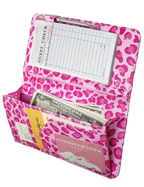 Server Book for Waitress, Zipper Pocket, Magnetic Closure, Pink Leopard