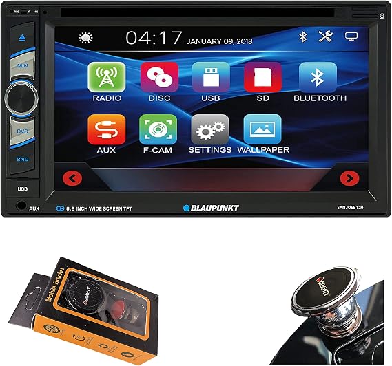 Blaupunkt Sanjose 120 6.2-Inch Touch Screen DVD Multimedia Car Stereo Receiver with Bluetooth, USB, SD Card and Aux with Bluetooth with Backup CAM + Gravity Magnet Phone Holder Bundle