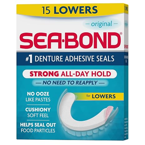 SEA-BOND Denture Adhesive Seals, Original, Lowers, 15 Count (1 Pack) | Zinc-free denture adhesive seals for all-day hold without mess or ooze. Soft cushiony seal provides comfort and confidence.