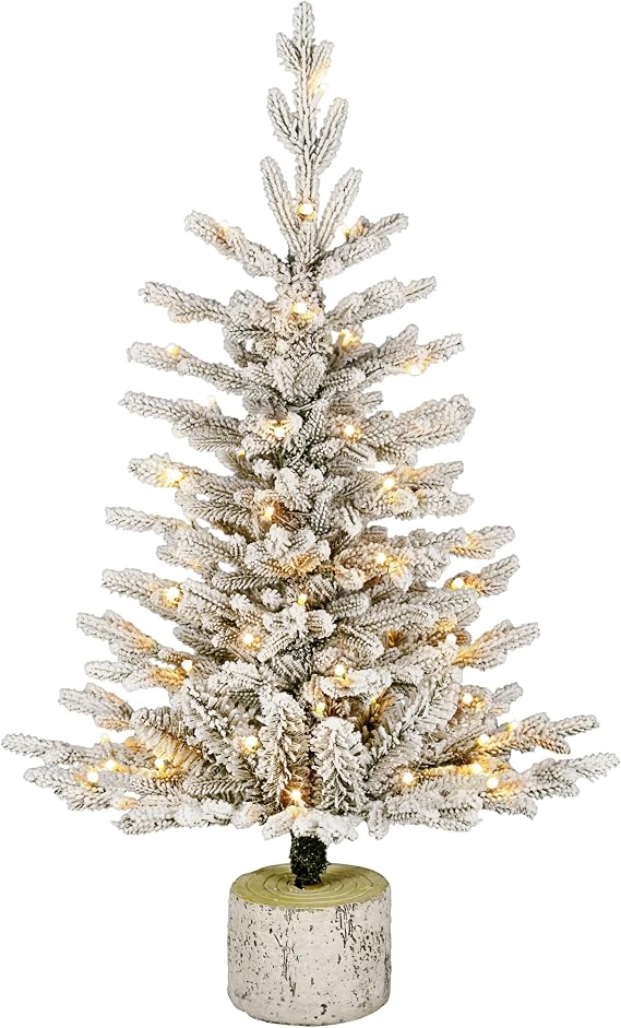 Puleo International 3ft Pre-Lit Potted Flocked Arctic Fir Christmas Tree with 40 Warm White Lights, 303 Realistic Dense Snow Flocked Branch Tips, Easy Setup Artificial Trees with Sturdy Stand