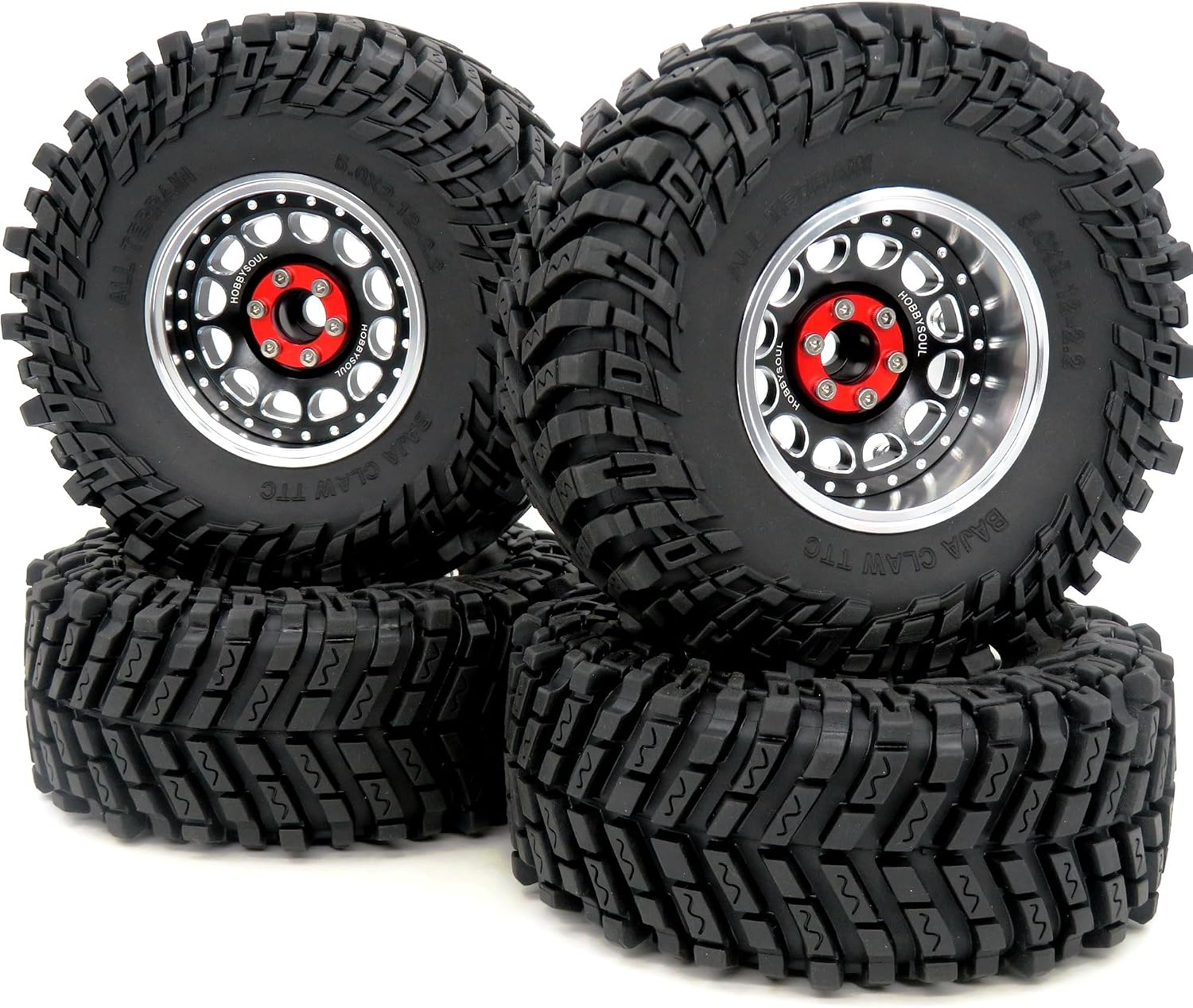 Hobbysoul RC Adjustable 4 Offset 2.2 Beadlock Wheels and Tires, Silver Black Rims, 5.0" Height Tires for RC Mud Crawler Trail Gen7 Gen8 Everest 10/Axial Capra Wraith Pack of 4, Assembled