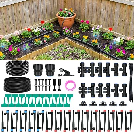 100FT Drip Irrigation Kit, 30 Adjustable Emitters, Quick Connect System | Push-fit Drip Irrigation System, 30 Adjustable Emitters, Efficient, Flexible, Durable, Garden Watering and Sprinkler System