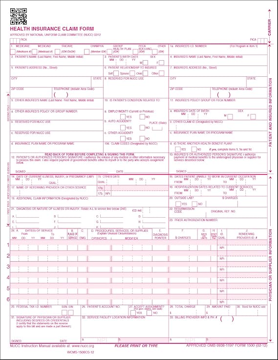 CMS1500 Claim Forms HCFA, 2500 Sheets