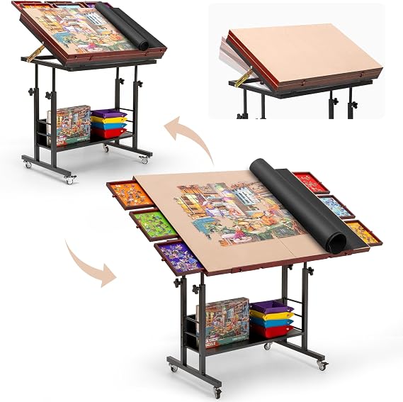 Tektalk 2000 Piece Foldable Jigsaw Puzzle Table with Angle & Height Adjustment, Jigsaw Board with 2 Felt Cover & 6 Sorting Drawers, Puzzle Easel with Legs, Enclosed with 4 Roller Wheels - Black