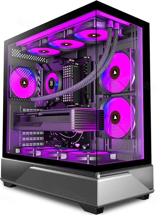 ANSAITE ATX PC-Gehäuse 6×120 mm ARGB PWM-Lüfter vorinstalliert ，Mid-Tower Gaming PC-Gehäuse Panorama-Gehärtetes Glas Schwarz Computer-Gehäuse mit Typ-C 360mm Radiator Unterstützung (Schwarz)