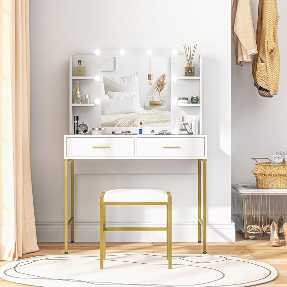 HOMCOM Dressing Table with Lighted Mirror, Cushioned Stool, Drawers, White