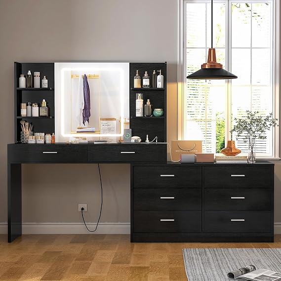 Quimoo Vanity Desk with LED Lighted Mirror & Power Outlet, Modern Corner Makeup Vanity Table with 8 Drawers & Open Shelves, Dressing Table for Bedroom, Makeup Room, Black
