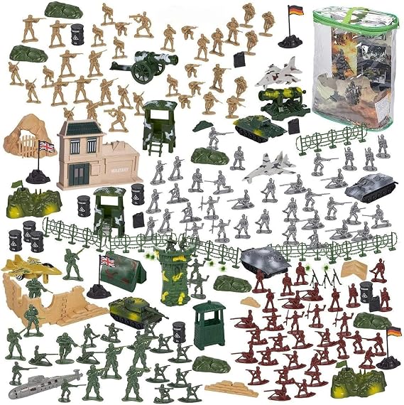 BLUE PANDA 300-Piece Army Men Action Figure Set with Zipper Bag- Red, Silver, Tan & Green Plastic Soldiers with Tanks, Planes, Flags and Accessories for Boys Age 8+