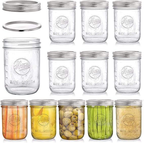 Tebery 12 Pack 16oz Mason Jars with Lids, 480ml Wide Mouth Canning Glass Jar for Overnight Oats, Salad Jars, Pickling Jars, Jam and Breakfast