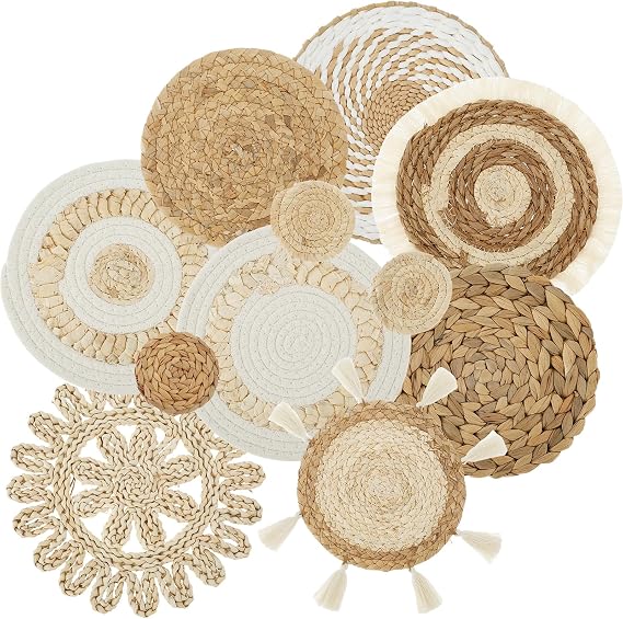 ZJRDYYK 11 Pack Boho Wall Basket Decor Set, Hanging Woven Wall Basket Decor, Seagrass Rattan Wicker Boho Wall Decor, Round Wall Art for Farmhouse Bedroom Living Room Table Setting