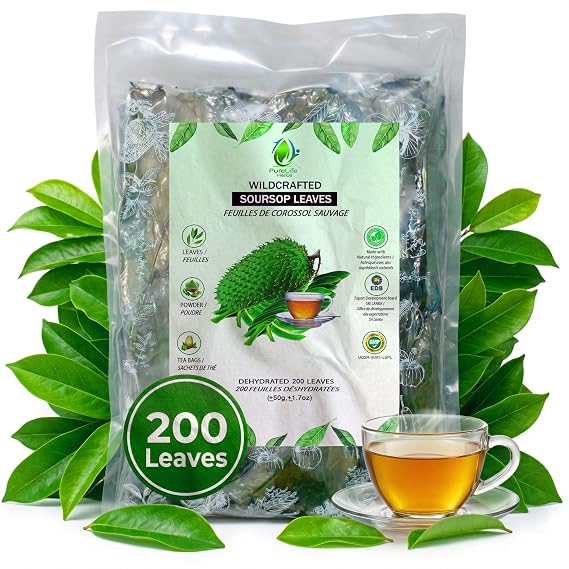 Purelife Herbs Soursop Leaves Tea, 200 Whole Dried Leaves, Wildcrafted Graviola (Guanabana, Guyabano), Loose Leaf Herbal Tea, Natural & Vegan