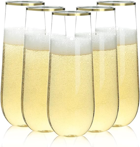 Bestluck 24 Pack 9 oz Stemless Plastic Champagne Flutes Gold Rim | Clear Disposable Champagne Glasses, Shatterproof and BPA-Free Drinkware for Party & Graduation & Wedding