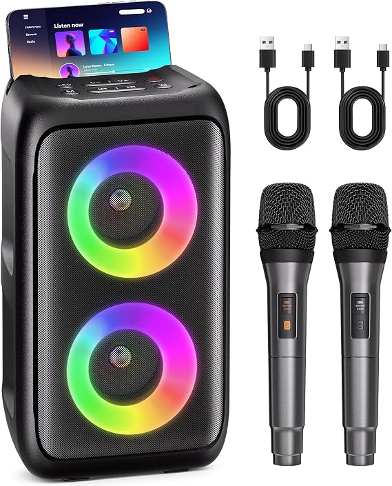 Portable Bluetooth Speaker and 2 Wireless Microphones for Adults and Kids