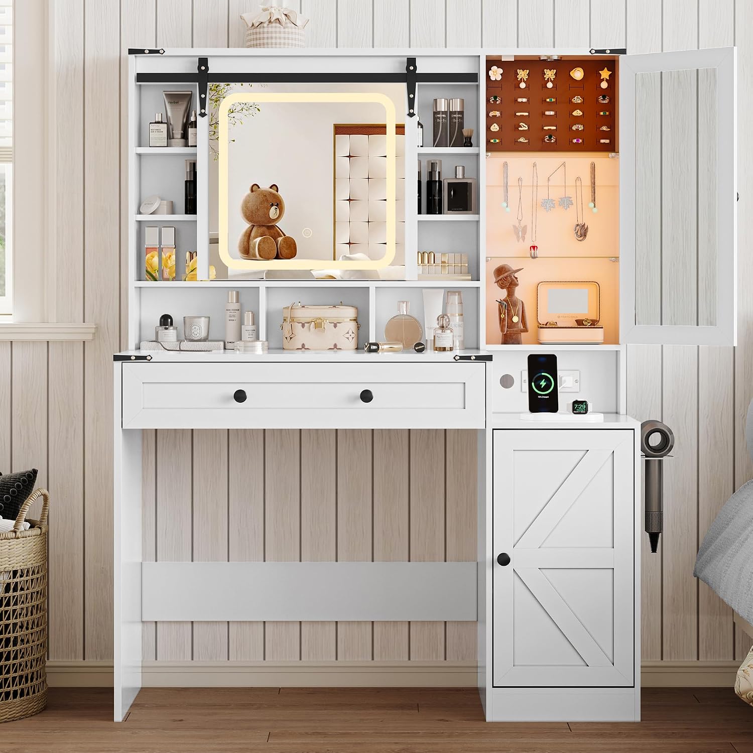 Makeup Vanity Desk with Sliding Mirror and Lights, Farmhouse Vanity Table Set with Power Outlet & RGB Cabinet, Dressing Table with Storage Drawers & Shelves for Kids Girls Women Bedroom, White