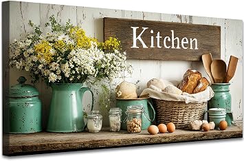 Hzddty Kitchen Canvas Wall Art - Rustic Farmhouse Decor Kitchen Sign, Bread Basket Flowers and Vintage Accents for Dining Room Home Decorations 20x40 inches